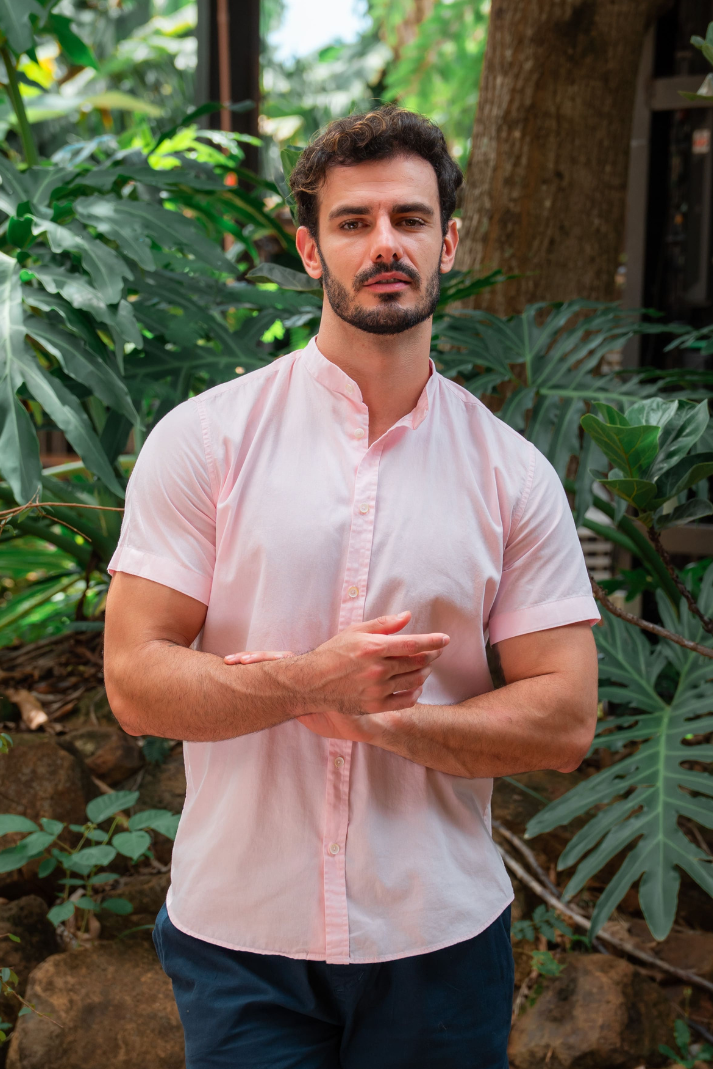 Camisa manga curta gola padre sarja estonada