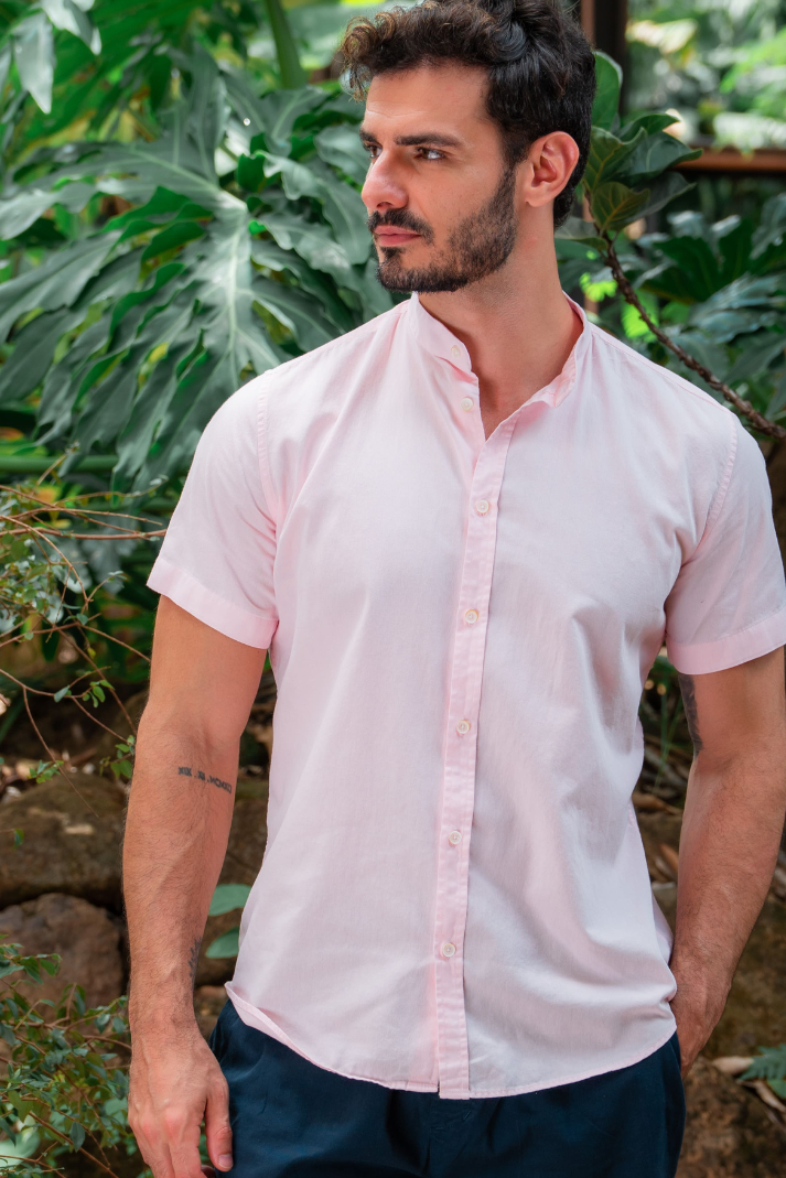 Camisa manga curta gola padre sarja estonada