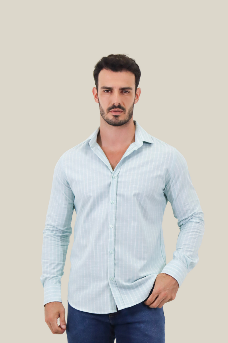 Camisa social manga longa slim fit listras dupla