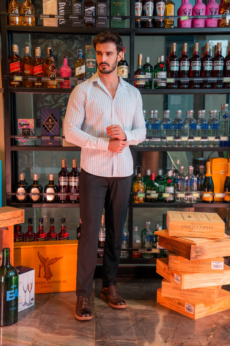 Camisa social manga longa slim fit listras dupla