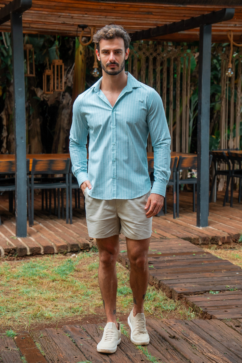 Camisa social manga longa slim fit listras dupla